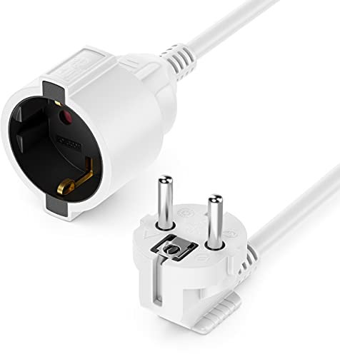 deleyCON 2m Cavo di Prolunga con Spina Tipo F (CEE 7/7) Angolato a 90° a Spina (CEE 7/3) - Cavo di Alimentazione per TV, PC, Computer, Proiettore - Bianco