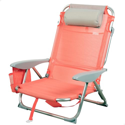AKTIVE 62629 - Chaise de Plage Pliante, avec Coussin 51X45X76 cm, Plage, Couleur Corail, avec Poignée de Transport, Inclinaison 4 Positions, Accoudoirs Ergonomiques
