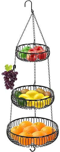 Simple Houseware Adjustable Metal Hanging Fruit Basket, Oblate, Black, 11 W x 11 L x 30 H