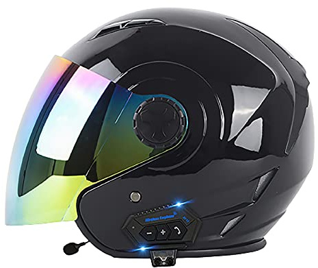Casque Moto Jet Bluetooth Casque Scooter Ouvert Casques Motocross avec HD Visière Dot/ECE Homologué Casques Moto avec Microphone Intégré pour Hommes Adultes Femmes A,S=55~56cm