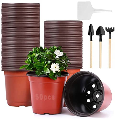 50 Pièces Godets Semis, 10CM Pots de Fleurs, Jardiniere, Pot de Fleur Exterieur, Pot Semis, Pot de Semis pour Intérieure et Extérieure Livré avec 10 étiquettes de Plantes et 3 Outils de Jardinage
