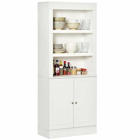 HOMCOM Kitchen Cupboard 6-tier Shelving Freestanding Storage Cabinet White | Sideboard, Pantry Cupboard, 3 Open Compartments, Double-door Cabinet, Adjustable Shelves