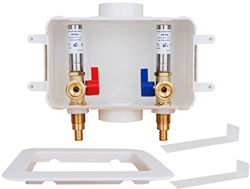 WHK Washing Machine Outlet Box,Pex Laundry Box Washer Wall Box With Drain Recessed Water Valve Box Center Double Drain 1/2-inch Crimp PEX B,PVC White (With Stainless Steel Water Hammer Arrester)
