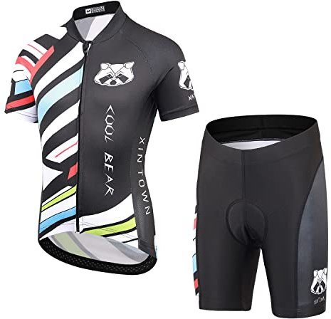 Amur Leopard Mädchen Radsport Fahrrad Trikot Jungen Radhose mit Polster Radtrikot Kinder Sport Shirt + Kurze Fahrradhose, Schwarz + Streifen(Radtrikot-Set), XL
