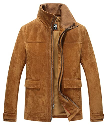 FLAVOR Chaqueta de cuero clásica para hombre con cuello extraíble Abrigo de invierno de ante (Marrón, 3XL)