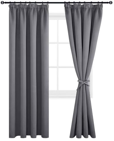 DWCN Grey Blackout Curtains for Bedroom Thermal Pencil Pleat Window Curtains with Hooks for Track Rail Drapes for Living Room 46 x 90 inch Length, Grey, 2 Panels