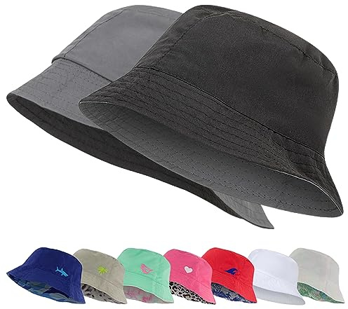Kids Bucket Hat for Girls, Packable Fun & Cool Reversible Beach Sun Teen Toddler Bucket Hat (Black/Charcoal Grey, 7-14 Years)