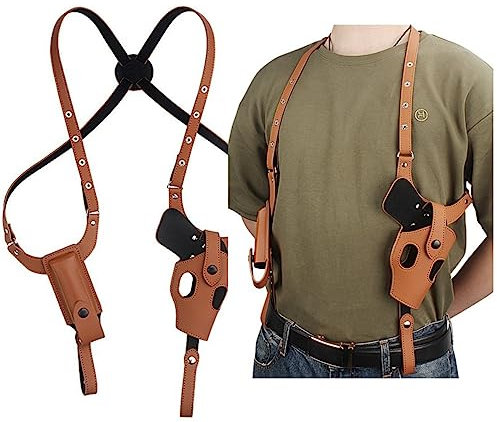 ACEXIER Tactique Cachée Pistolet Holster Militaire Cuir Épaule sous Les aisselles Pistolet Arme de Poing Carry Pouch pour G17 19 Accès à la Chasse (Tan)
