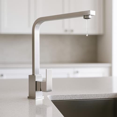 MAKA Rubinetto Lavello Cucina in Acciaio Inox Satinato Canna Alta Rotante a 360° Miscelatore Monocomando Lavandino Rustico ad Alta Pressione Kit Montaggio Guarnizioni e Tubi (Satinato)
