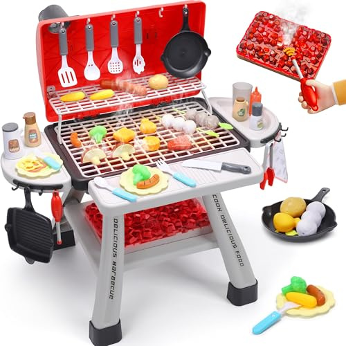 CUTE STONE Kids Grill Playset,Kitchen Playset with Realistic Smoke, Sound, Light, Kids BBQ Grill Toy Cooking Playset for Toddler,Indoor Outdoor Backyard Play Toys for Boys Girls, 23.6 H