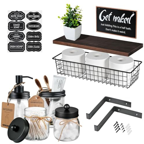 SheeChung Mason Jar Bathroom Accessories Set with Floating Shelves, Soap Dispenser, Toothbrush Holder, Qtip Holders, Paper Storage, Artificial Plant, Decor Sign, Farmhouse Bathroom Decor-Rustic Brown