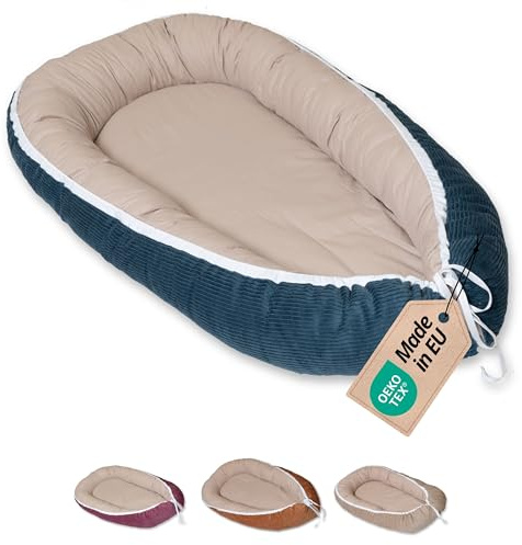 ULLENBOOM Babynest - 100% OEKO-TEX Materialien & Made in EU, Cord Petrol - Babynestchen Neugeborene aus kuscheliger Baumwolle, Ideal als Reisebett & Kuschelnest geeignet