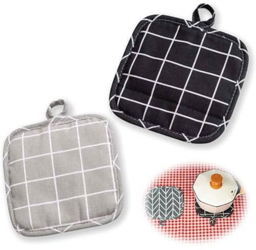 2er-Pack Topflappen, Küchen-Topflappen mit Verbrühungsschutz, hitzebeständige Wattepads, Topflappen aus Baumwolle, Schwarzgrau, geeignet zum Kochen und Backen in der Küche