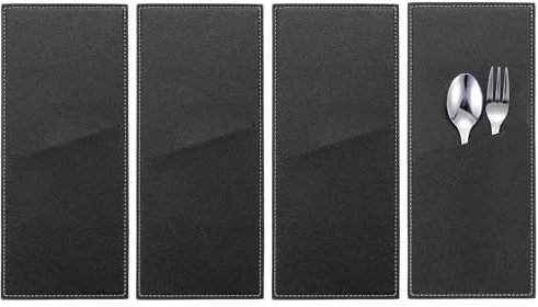 QUARKZMAN 4 Fundas de Cuero para Cubiertos Porta Cubiertos Cuchillo y Tenedor Bolsa Estuche de Almacenamiento de Cubiertos para Mesa de Cena Decoración de Cocina En Casa, Negro