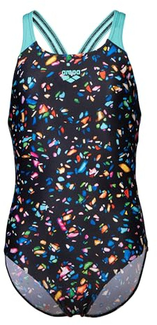 ARENA Girl's Performance Confetti Swim Pro Back Athletic One Piece Swimsuit Cute Sun Protection Chlorine Resistant UPF 50+ Quick Dry Fashion Swimwear, Black Multi/Water, Size 14-16(30)
