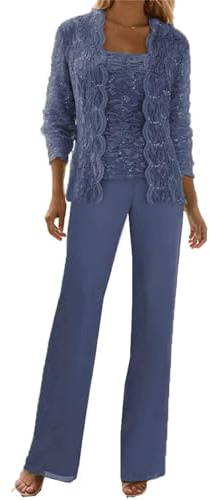 Slate Blue Mother of The Bride Pant Suits Petite 3 Pieces Chiffon Mother of The Groom Pantsuits for Wedding Guest Outfits Size 8