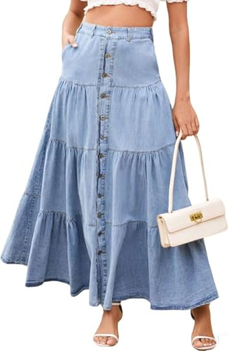 Lazutom Gonna maxi da donna in denim a vita alta, gonna lunga in jeans a linea A a strati con bottoni e tasche, stile vintage Y2K con volant boho, gonna estiva casual per outfit da festival