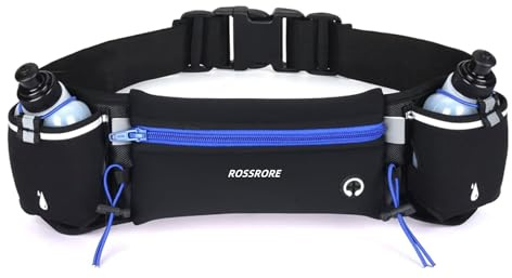 ROSSRORE Unisex Running Hydration Belt with 2x6oz Water Bottles - No Bounce Design, Waterproof Waist Pack for Phone, Bum Bag Expert-Recommended Celebrity Favorite (Blue)