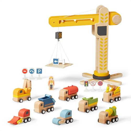 Wooden Construction Vehicle Playset for Toddlers 3-5, 18-Piece Crane Command Fleet with 8 Wooden Vehicles and Road Signs, Pretend Play Toy for Boys and Girls, Non-Toxic Wood