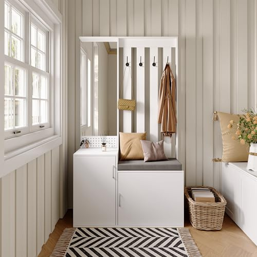 MISNODE Ensemble Garde-Robe 6 en 1 avec Banc à Chaussures, Miroir, Porte-Manteau Mural avec étagère, Armoire Compacte pour Chambre à Coucher, Meuble de Couloir, 100 x 40 x 180 cm, Blanc (Blanc, A)
