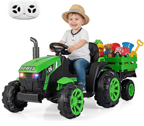 Maxmass Kids Ride on Tractor and Trailer, 24V Battery Powered Electric Toy Car with Headlights, Music, USB, Dual Motors Children Ride on Bulldozer Construction Vehicle for 3-7 Years Old (Green)