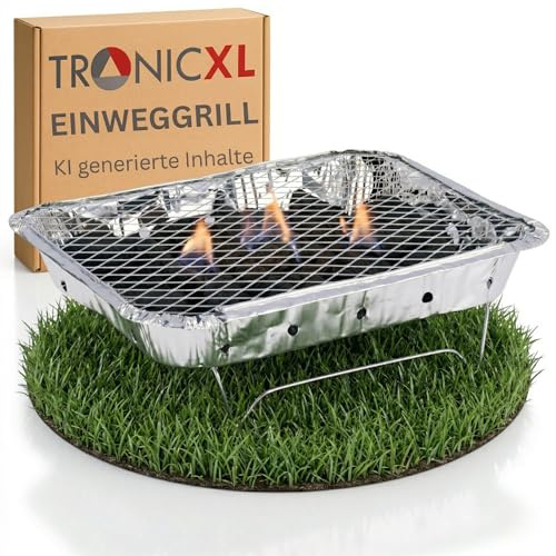 TronicXL 10 barbecue a carbonella usa e getta, avvio rapido, per viaggi, festival, viaggi, grigliate, circa 1,5 ore, con griglia e supporto
