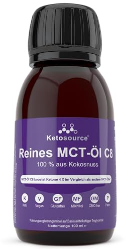 Huile MCT Pure C8 | Produit 4 fois plus de cétones que les autres huiles MCT | Pureté élevée 99%+ | 100% noix de coco | Conforme au Keto et au jeûne | Bulletproof Café | 100 ml | Ketosource®