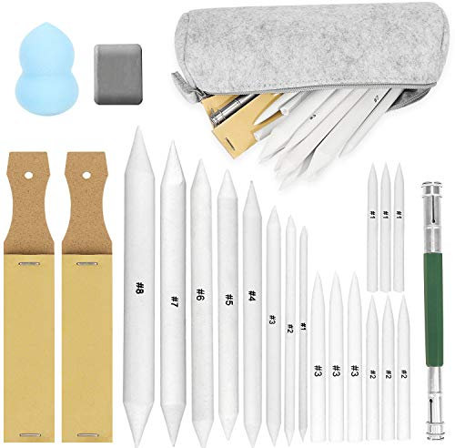 23Pack Art Blenders Set, Blending Stumps and Tortillions Set with Sandpaper Pencil Sharpeners, Kneaded Eraser, Pencil Extension Tool, Sponge, Package in Felt Bag for Student Artists Sketch Drawing