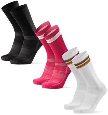 DANISH ENDURANCE Fahrrad Socken, Rennrad Socken, Gepolstert, Unisex, für Herren & Damen, 3 oder 5 Paar, Mehrfarbig (1x Schwarz, 1x Pink, 1x Weiß), 43-47
