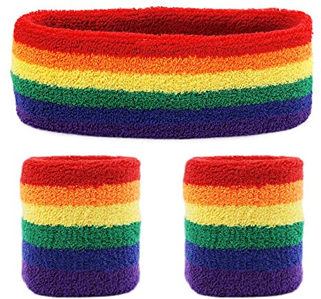 ASTER 3 Stück Schweißband Regenbogen Schweissband Set Regenbogen Sport Stirnband Armband Buntes Baumwoll Schweißbänder Handgelenk Kinder Herren Damen Sportband Basketball Tennis Workout Halloween