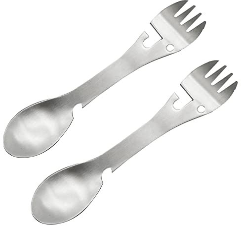 Pinenjoy 2Pcs Camping Multi-Function Spork 5 in 1 Spoon Fork Knife Can Bottle Opener Combo 18/10(304) Stainless Steel Portable Utensils for Outdoor Picnic Hiking Fishing Boating BBQ Travel