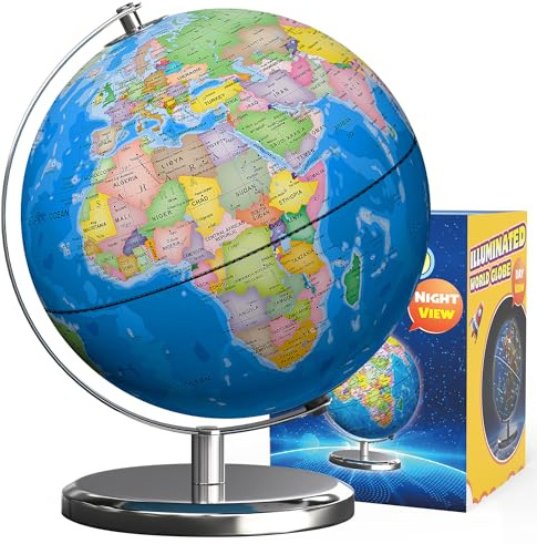 Waldauge Illuminated World Globe with Stand, 9 Earth Globes with Stable Heavy Metal Base for Kids Classroom Learning, LED Constellation Globe Night Light with HD Printed Map