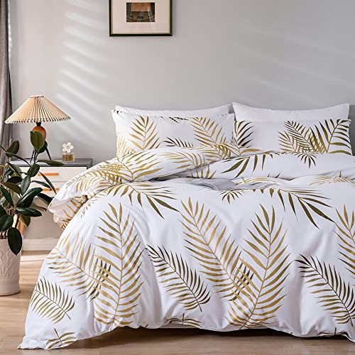 Michorinee Housse de Couette 200x200 Motif Feuilles de Palmier Tropicales Or et Blanc Parure de Lit Botanique Fermeture Éclair - Linge de Lit 2 Personnes Adulte avec 2 Taies d'oreiller 65x65 cm