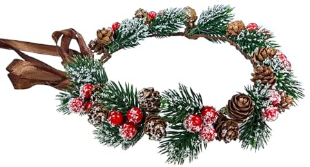 MEMOVAN Christmas Flower Crown Christmas Red Berry Stems Spray Pine Cone Holly Stem Hair Wreath Floral Headpiece Halo Headband Winter Holiday Tiara for Women Girl Xmas Holiday Decoration
