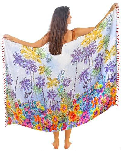 Long Sarong for Women with Tassels Smooth and Silky Cotton Beach Pareo Bikini Swimsuit Cover Up Tropical Tapestry Wall Hanging Pool Wrap Skirt