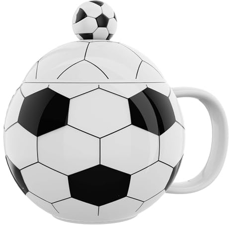 ZONSUSE Tazza da Calcio, Tazze da Caffè Sferica, Mug Colazione Divertenti, con Coperchio e Cucchiaio, Idee Regalo Calcio per Uomini Donne Ragazzi Ragazze Compleanni Natale 400ml (Nero)