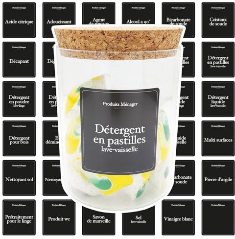 Etiquette Produit Ménager noires en francais pour rangement buanderie organisation/stickers buanderie, distributeur de lessive liquide, etiquettes bocaux en verre lessive, étiquettes pour bocaux