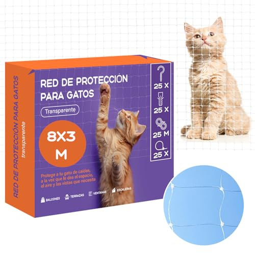 Mablik® Red para Gatos Terraza Transparente (8x3m), con Trama 2x2 cm. Incluye Kit de Instalación. Red Transparente de Nylon (8x3m)
