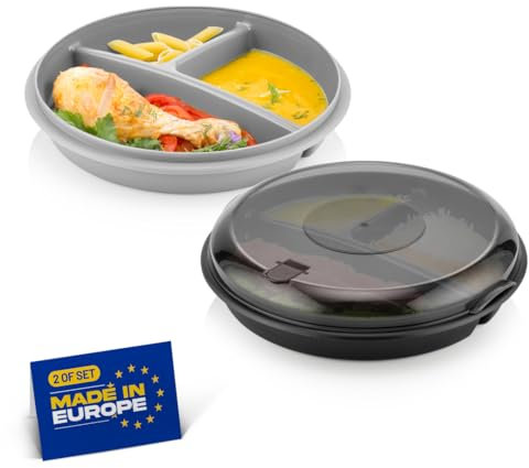 Winkly® Bento-Schüssel, Mikrowellen Teller, Mikrowellengeschirr, Multischale mit 3 Fächern & Rund –Frischhaltedose luftdicht–Mahlzeiten getrennt aufbewahren & Vorratsdosen (3er Pack)