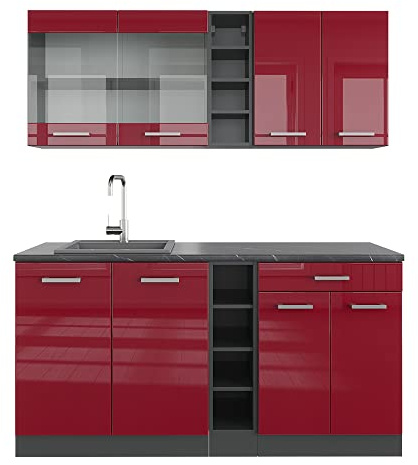 Vicco Singleküche R-Line, Rot Hochglanz/Anthrazit, 160 cm, AP Anthrazit, zur individuellen Erweiterung mit zusätzlichen Modulen geeignet