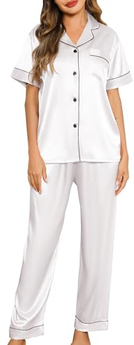 Lovasy Pyjama Satin Femme Short Ensemble Pyjamas Manches Courtes Chemises de Nuit Sexy Chic Ete 2 Pièces Vêtements de Nuit en Soie Boutonnée, Y-Blanc L