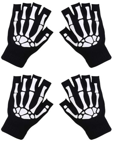 2 Paar schwarze Skelett-Handschuhe, fingerlos, leuchtet im Dunkeln, Halloween-Handschuhe, Halbfinger, Strickhandschuhe, Cosplay, Knochenhandschuhe, Schwarz , 16 x 12cm