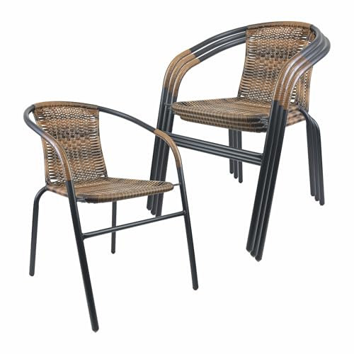 Nexos Trading Bistrostuhl Poly Rattan Stahl-Rahmen Stapelstuhl Balkonstuhl Gartenstuhl (Braun-Schwarz, 4)