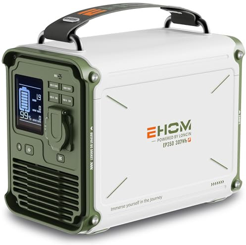 EHOM Tragbare Powerstation EP350, 307Wh, Power Station LiFePO4 mit 350W (Spitze 700W) AC und 200W Solarpanel-Laden, 2-Gurt-Designs für mehr Tragbarkeit, Für Camping, Reise, Notfall, Unterwegs