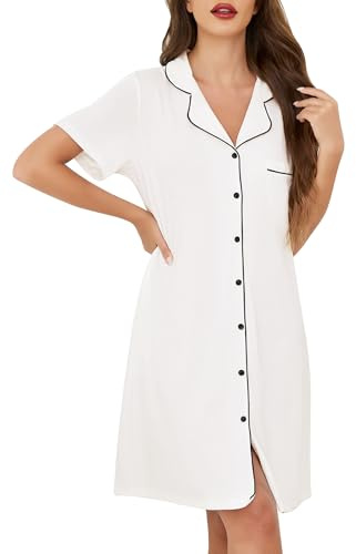 Lovasy Cotton Nightdresses for Women UK Lapel Button Down Nighties for Women Classic Boyfriend Style Nightshirts Soft Ladies Nighty Short Sleeve Night Dress Women UK with Pockets,White,M