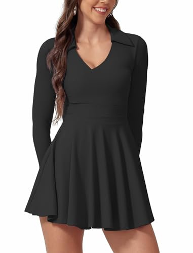 Vestido de tenis para mujer, manga larga, cuello de pico, vestido de polo con pantalones cortos, bolsillo, 2 piezas, ropa de tenis, línea A, vestido deportivo, ropa de tenis, vestido de entrenamiento
