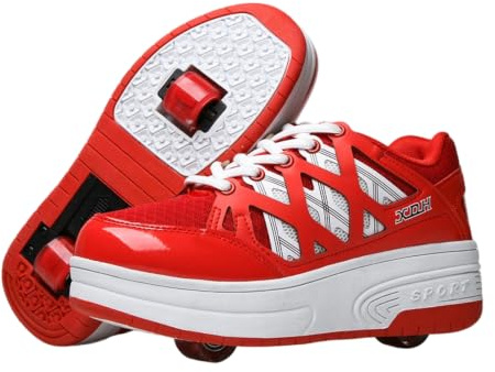 JJDFW 2-hjuls rullsneakers för barn vuxna 2-i-1 promenadskridskor med inbyggda inline-hjul låg topp tjock sula korsrem design nät andningsbar övre glansig keps blå svart röd