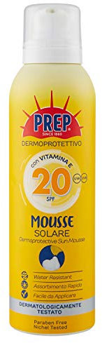 Prep, Mousse Solare Dermoprotettiva SPF20, Protezione Solare Spray, Formula Arricchita con Vitamina E, Antiossidante, Protegge la Pelle dai Raggi UVA-UVB, Facile da Applicare, 200 ml