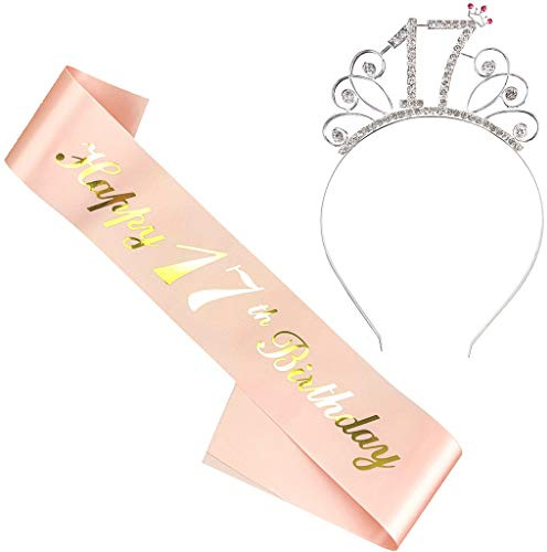 Ouceanwin Anniversaire Couronne Bandeau et Happy 17th Birthday Echarpe, Glitter Strass Cristal Tiara Couronne Diadème avec Ceinture en Satin pour 17 Ans Anniversaire Filles Décoration Cadeau