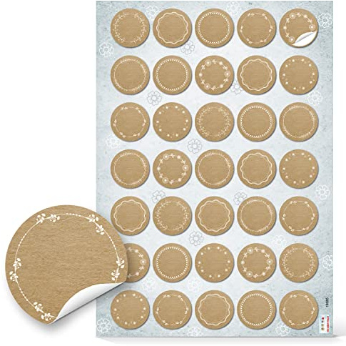 Runda blanka klistermärken, 140-pack klistermärken i kraftpappersoptik för förpackning och gåvor, självhäftande etiketter bröllop, för märkning och egen design, presentklistermärken brun & vit, liten